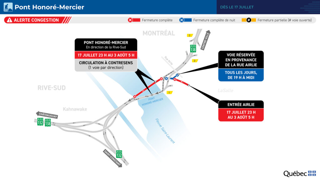 Carte des travaux au pont Mercier du 17 juillet au 3 août