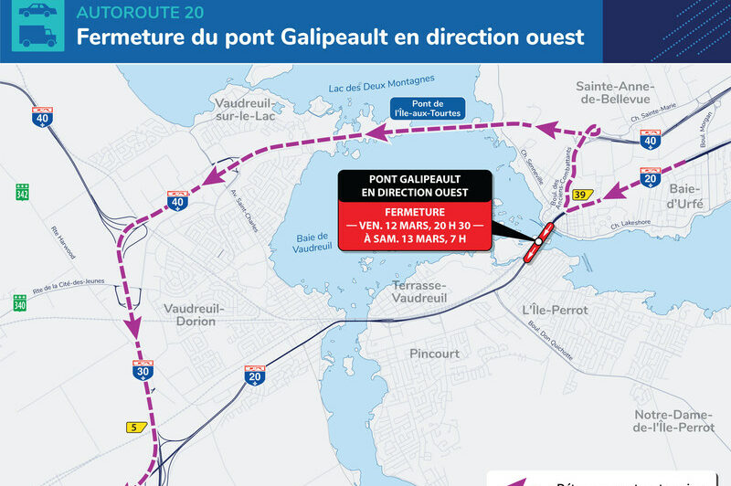 Entraves de nuit sur la 20 ouest à L'Île-Perrot du 9 au 13 mars article image