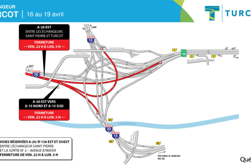 Fermeture de la 20 est dans le secteur des échangeurs Saint-Pierre et Turcot du 16 au 19 avril article image