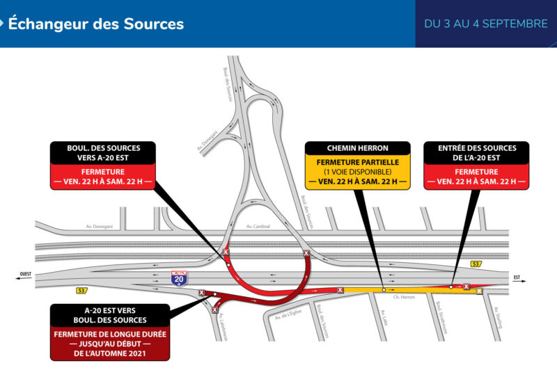 Fermeture complète de la bretelle menant du boulevard des Sources à la 20 Est à Pointe-Claire de vendredi soir à samedi soir article image