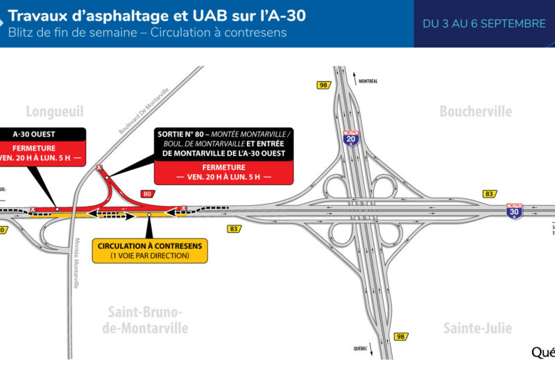 Blitz de travaux sur l’autoroute 30 entre Brossard et Boucherville ce week-end article image