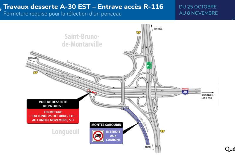 Travaux sur la 30 : Fermeture dans l'échangeur avec la route 116 jusqu’au 8 novembre article image