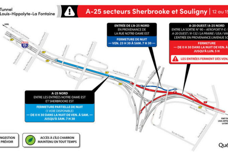 Fermeture complète du tunnel Louis-Hippolyte-La Fontaine en direction de Montréal – fin de semaine du 12 au 15 novembre article image