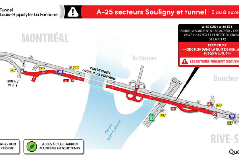 Le tunnel La Fontaine fermé vers la Rive-Sud ce week-end article image