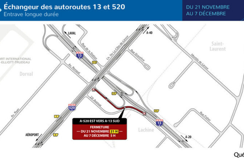 Échangeur 13/520 à Dorval et à Montréal - Fermeture de la bretelle menant de l'A-520 EST vers l'A-13 SUD du 21 novembre au 7 décembre article image