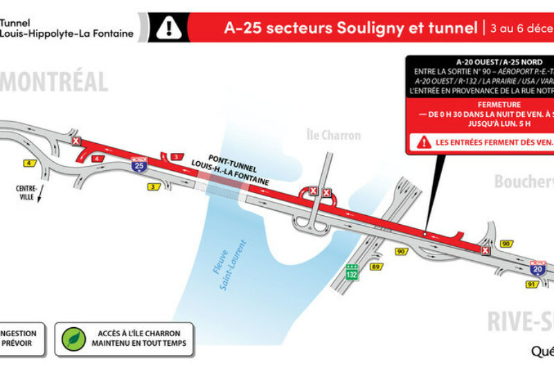 Fermeture complète du tunnel La Fontaine en direction de Montréal ce week-end article image