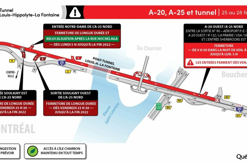 Entraves de longue durée et fermeture complète ce week-end du tunnel La Fontaine en direction de Montréal article image