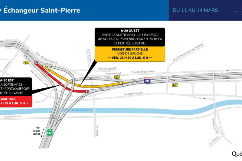 Fermetures sur l'autoroute 20 sous l'échangeur St-Pierre ce week-end article image