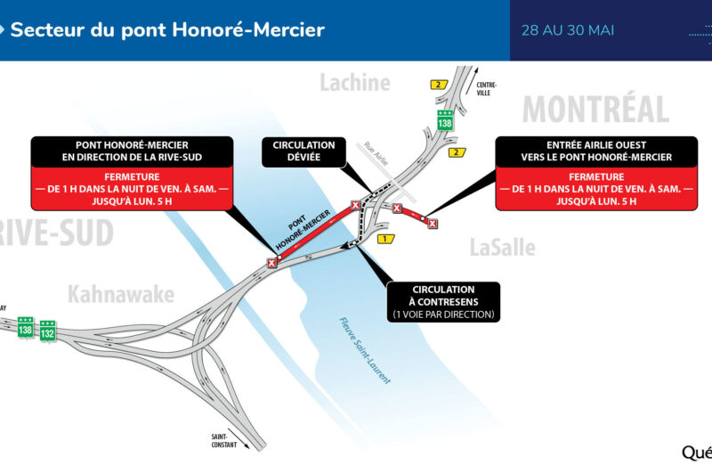 Carte d’entraves routières sur le pont Mercier.