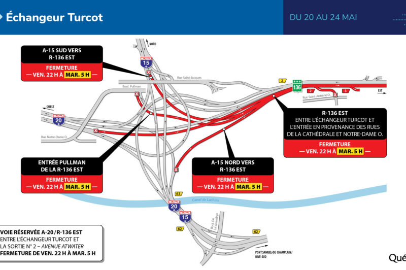 Fermeture de la route 136 en direction est du 20 au 24 mai entre l’échangeur Turcot et le tunnel Ville-Marie article image