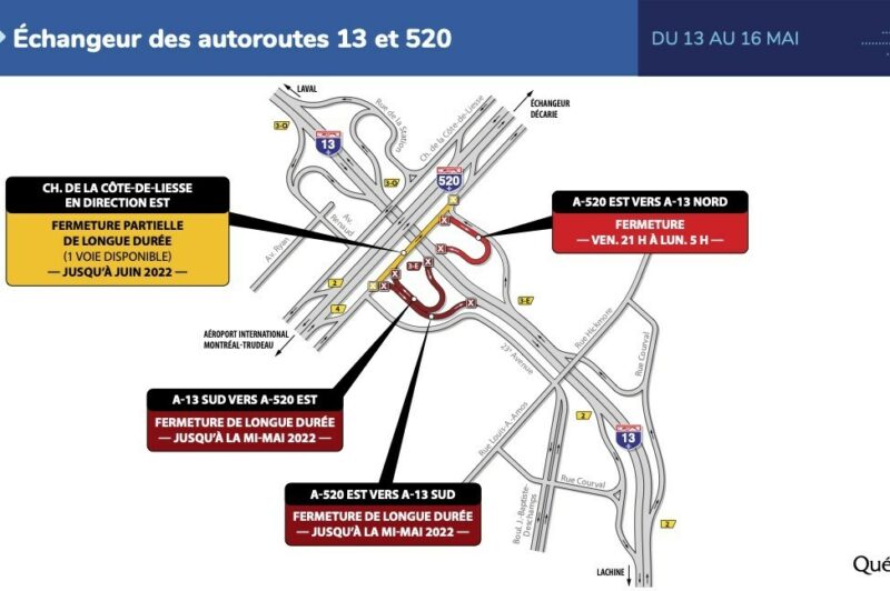 Bretelle fermée dans l’échangeur des autoroutes 13 et 520 ce week-end article image