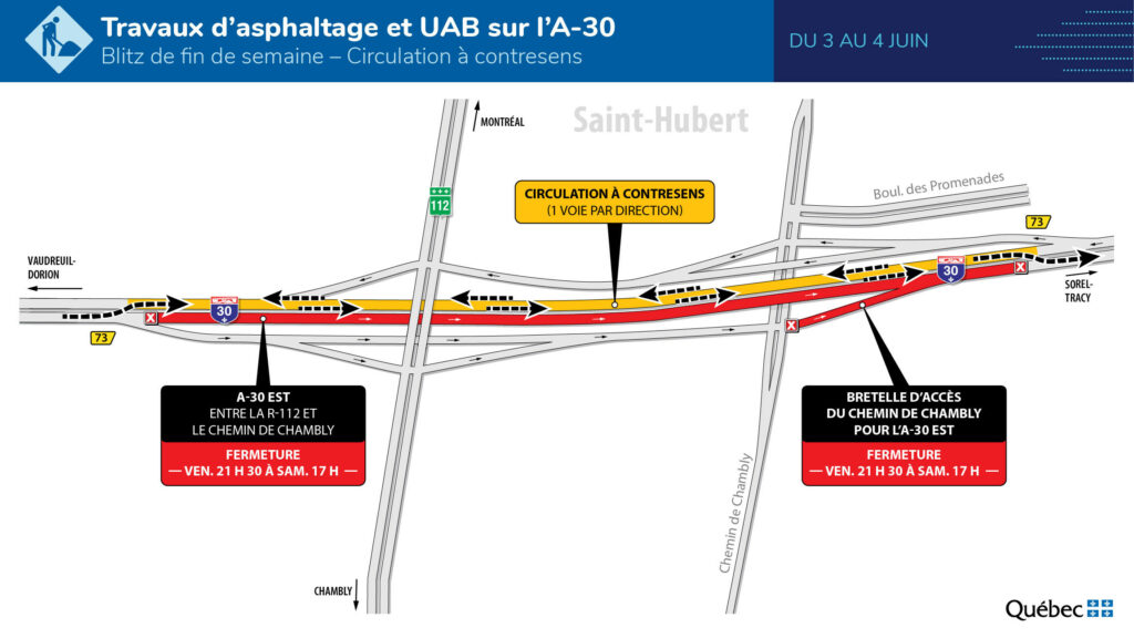 Carte des entraves à la circulation sur l’autoroute 30 du 3 au 6 juin 2022.