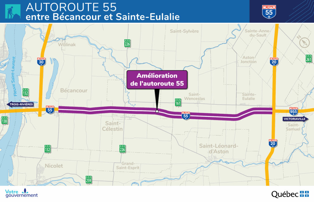 Carte du tronçon de l’autoroute 55 qui sera élargi.