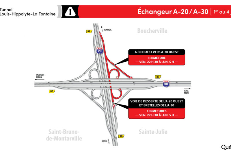 Fermetures dans le secteur de l'échangeur des autoroutes 20 et 30 ce week-end article image