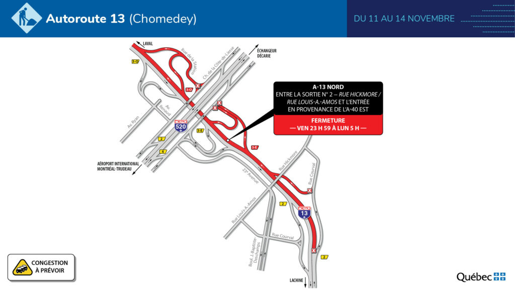 Carte des travaux sur la 13 durant le week-end du 11 novembre.