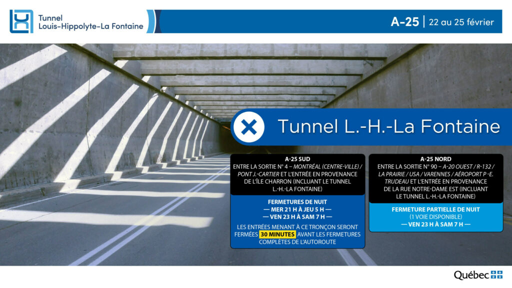 Intérieur du tunnel La Fontaine avec indications de dates de fermetures.