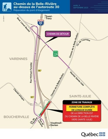 Carte des travaux sur la 30 à Ste-Julie d’avril à septembre 2023