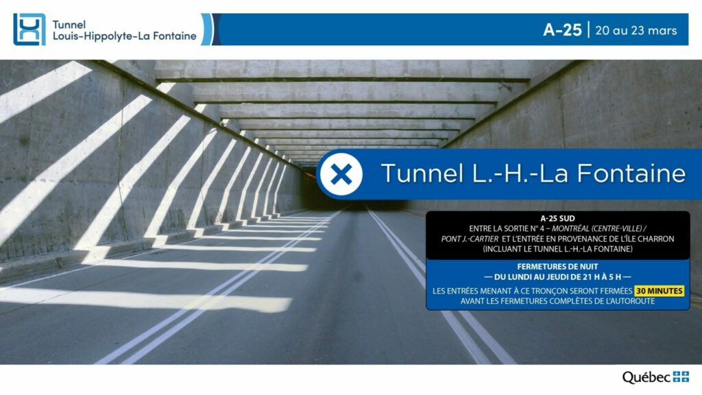 Image du tunnel La Fontaine avec infos de fermetures du 20 au 23 mars 2023.