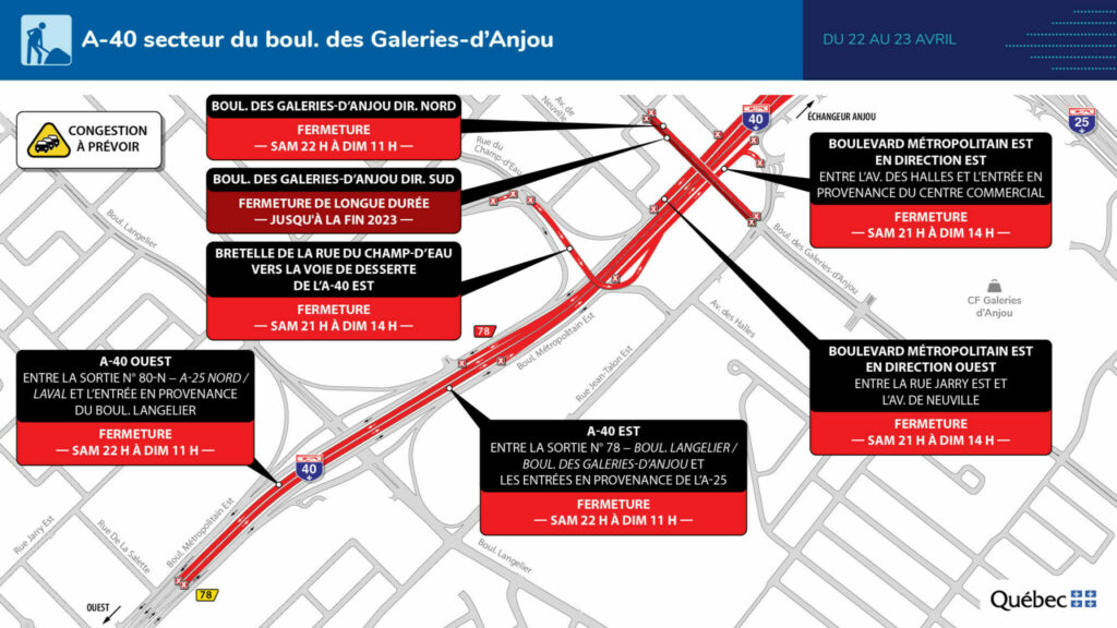 Carte des travaux sur la Métropolitaine le week-end du 22-23 avril 2023
