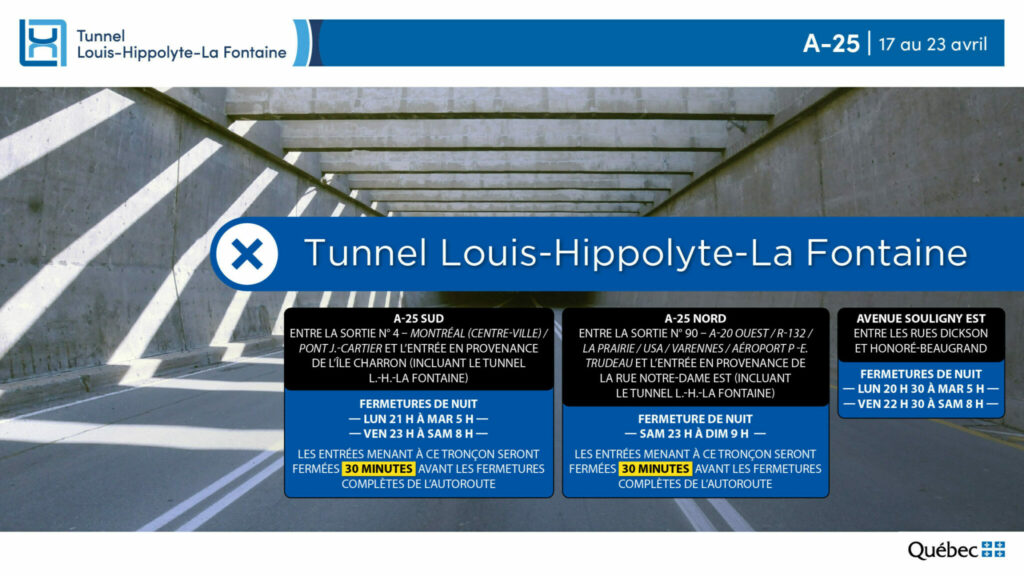Image de l’intérieur du tunnel avec horaire de fermeture semaine 17 avril 2023.