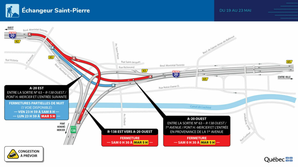 Carte des travaux dans l’échangeur St-Pierre du 19 au 23 mai