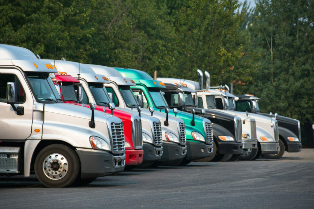 Rangée de camions de marques diverses dans un stationnement