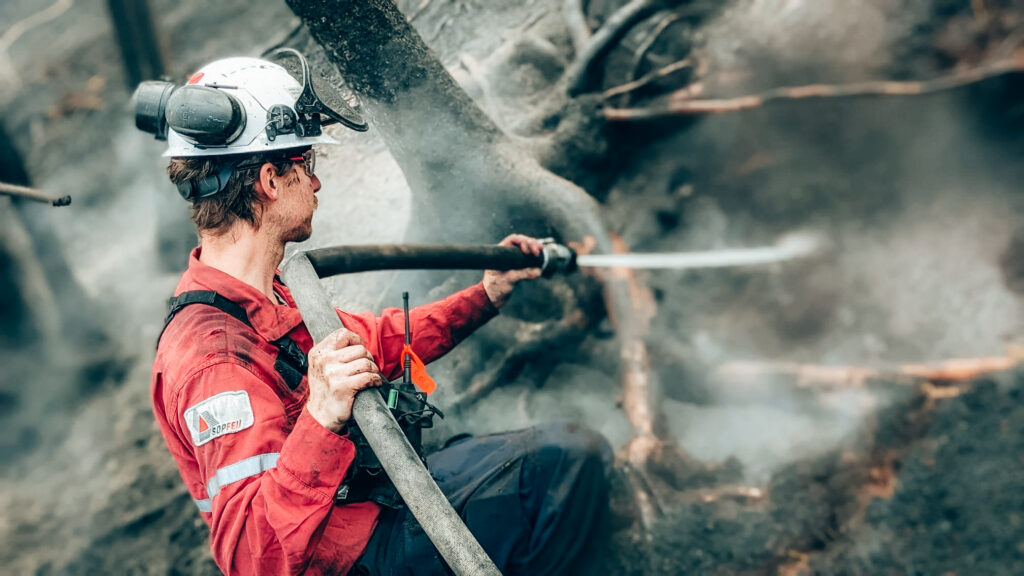 Pompier forestier lutte contre un feu de forêt