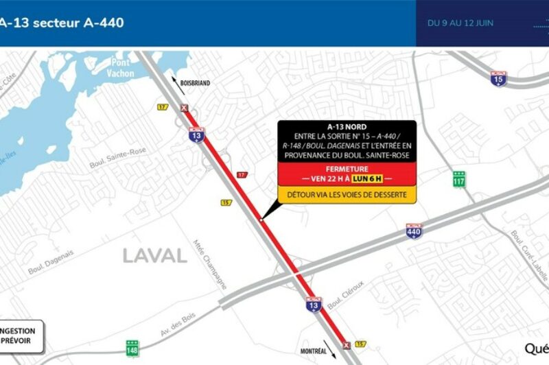 Travaux intensifs sur l’autoroute 13 à Laval du 9 au 12 juin article image