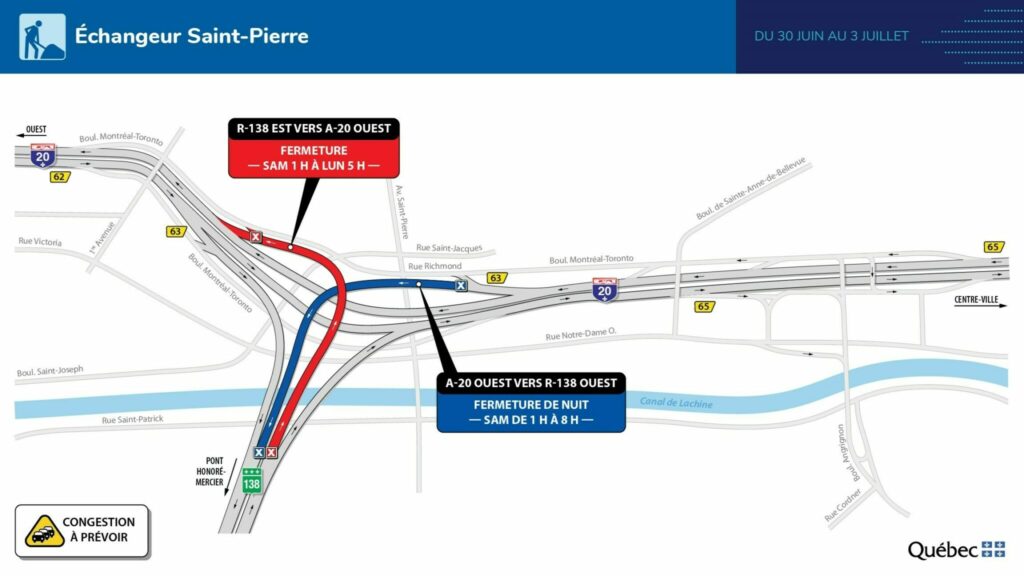 Carte des travaux dans l’échangeur Saint-Pierre, du 30 juin au 3 juillet 2023