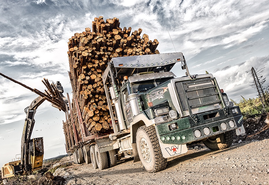 Vue en contre-plongée d’un Western Star qui se fait charger de billots