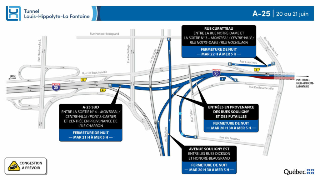 Carte des travaux routiers dans le tunnel, nuit du 20 au 21 juin 2023
