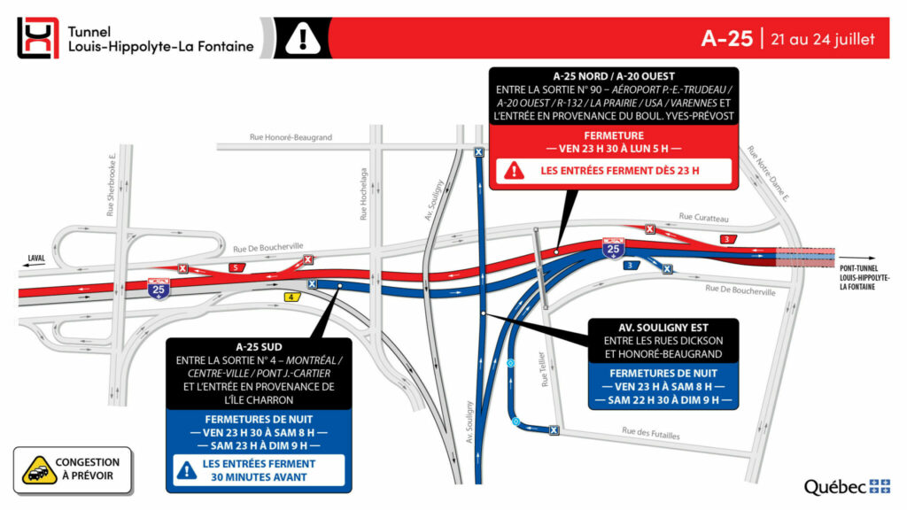 Carte des travaux dans le tunnel La Fontaine, fin de semain du 21 juillet 2023.