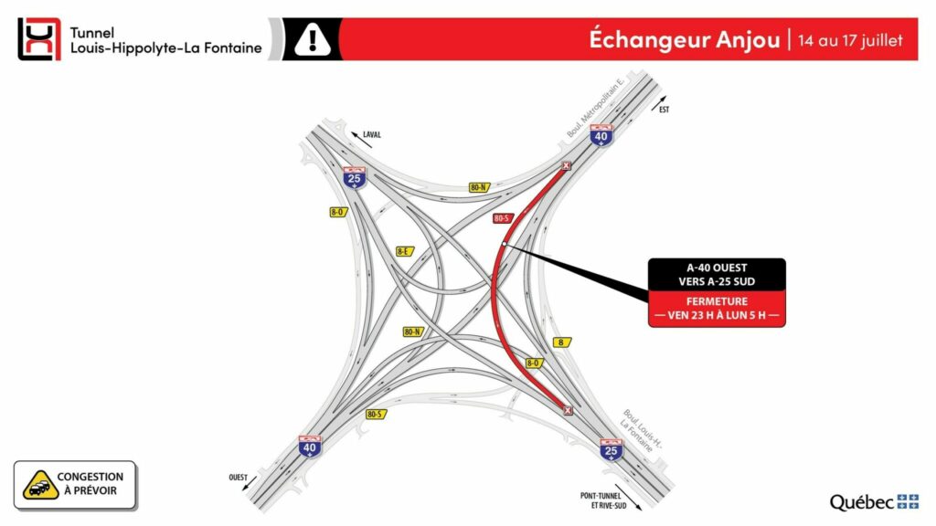Carte des travaux aux abords du tunnel La Fontaine pendant le week-end 14-17 juillet 2023