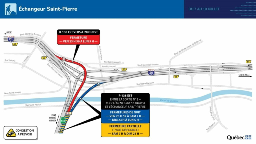 Carte des travaux dans l’échangeur St-Pierre, 7 au 10 juillet 2023