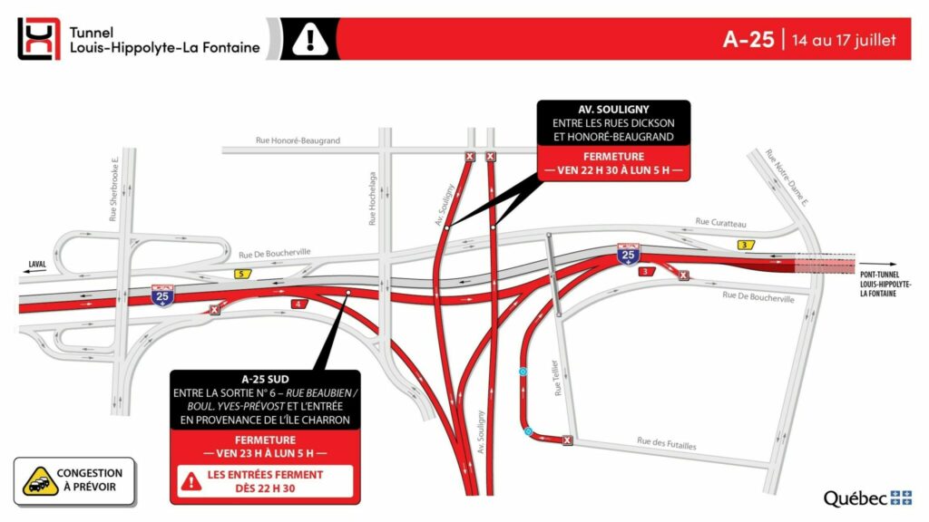 Carte des travaux aux abords du tunnel La Fontaine pendant le week-end 14-17 juillet 2023