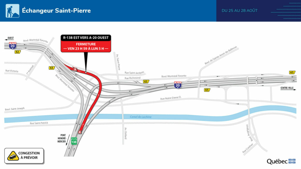 Cartes des travaux échangeur St—Pierre et pont Mercier week-end 25 août 2023