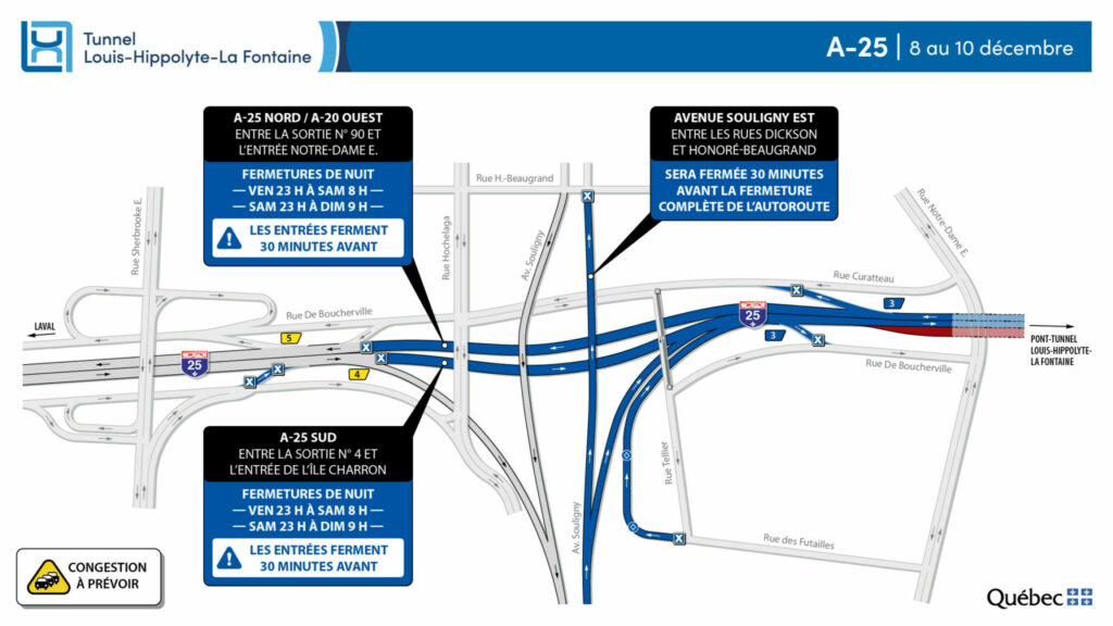 Carte des travaux au tunnel La Fontaine week-end 8 décembre 2023