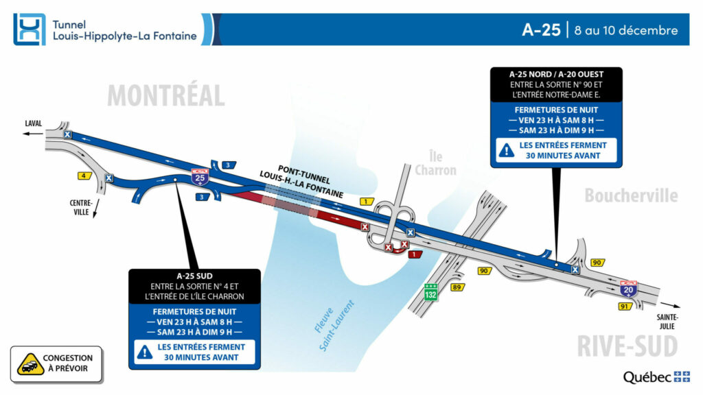 Carte des travaux au tunnel La Fontaine week-end 8 décembre 2023
