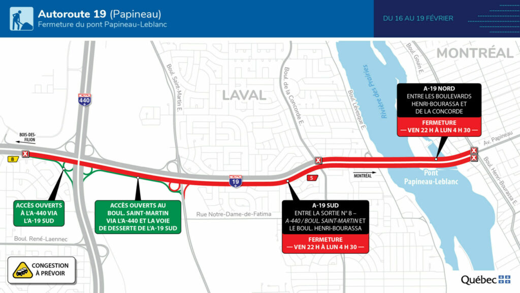 Carte des travaux sur le pont Papineau du 16 au 19 février 2023