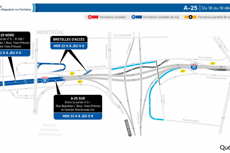 Fermetures sur l'autoroute 25 durant la nuit du 19 au 20 décembre article image