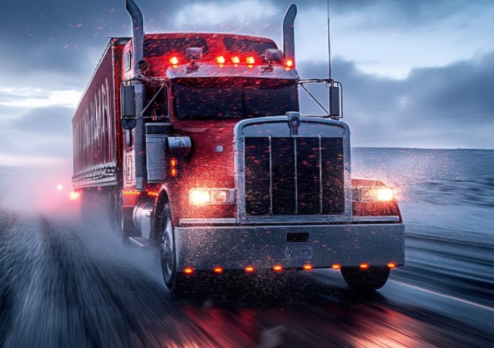 Kenworth rouge vu de face sur l’autoroute sous la pluie/la neige