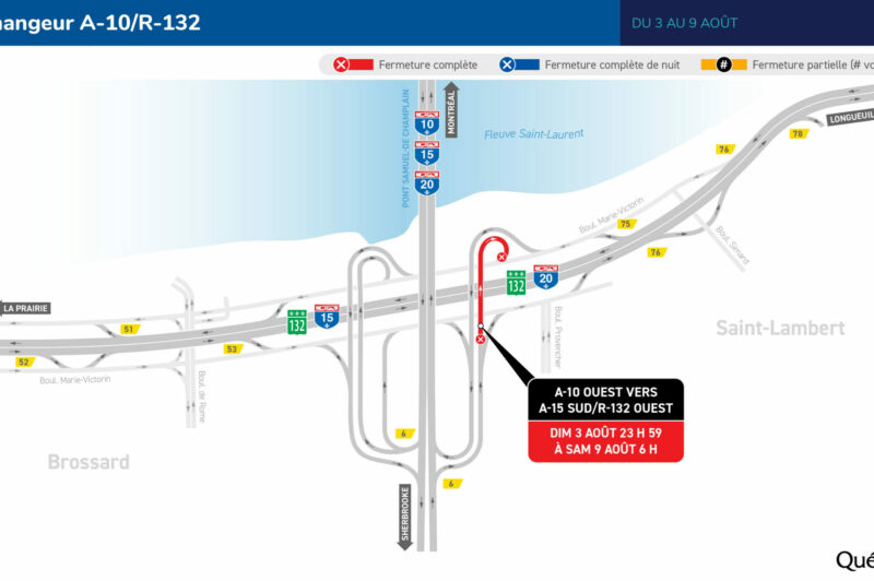 Congestion à prévoir à Brossard : fermeture de la bretelle menant de l'autoroute 10 ouest vers la 15 sud/route 132 article image
