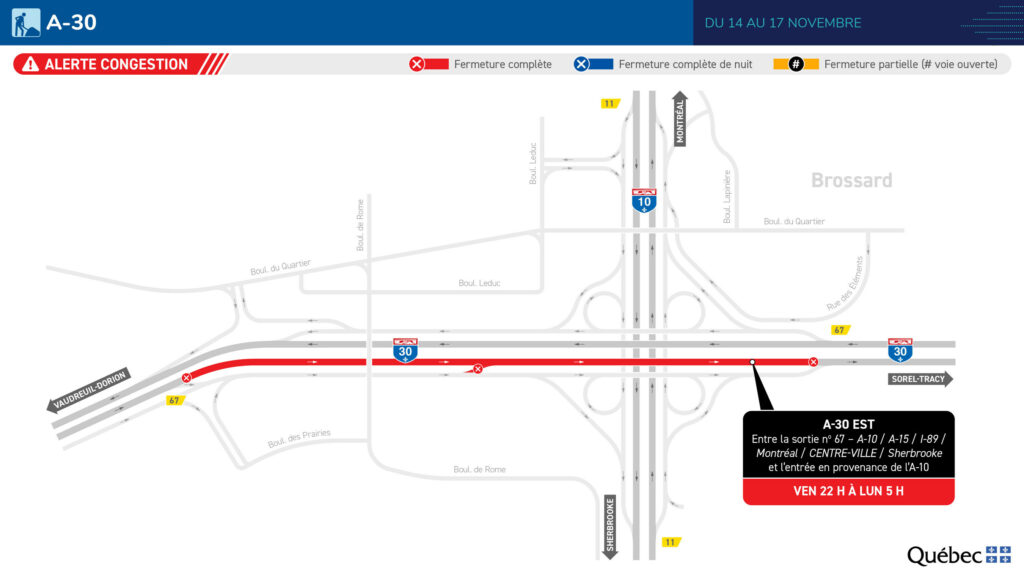Carte des travaux sur la 30 Est, week-end du 14 au 17 novembre.