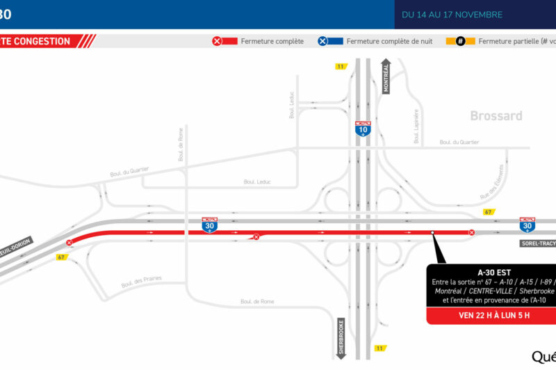 Entraves sur la 30 direction est à Brossard ce week-end, congestion à prévoir article image