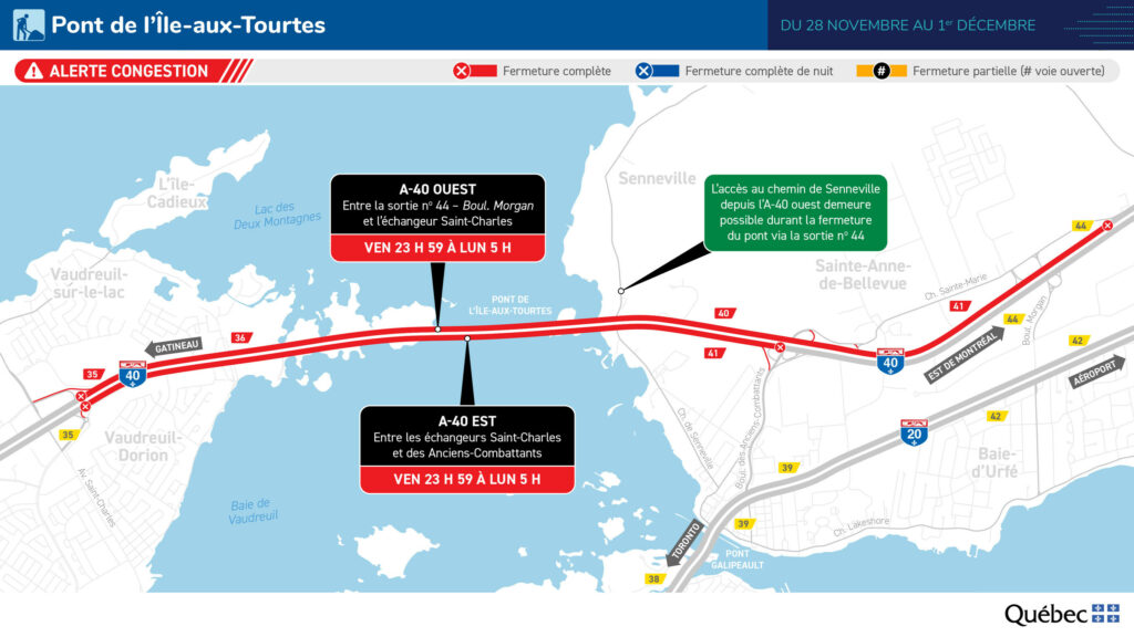 Carte des travaux sur le pont de l'Île-aux-Tourtes pendant le week-end du 28 novembre 2025