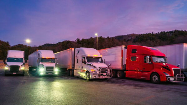 Semi Truck Stop Rest Area Night Transportation USA alternate text for this image