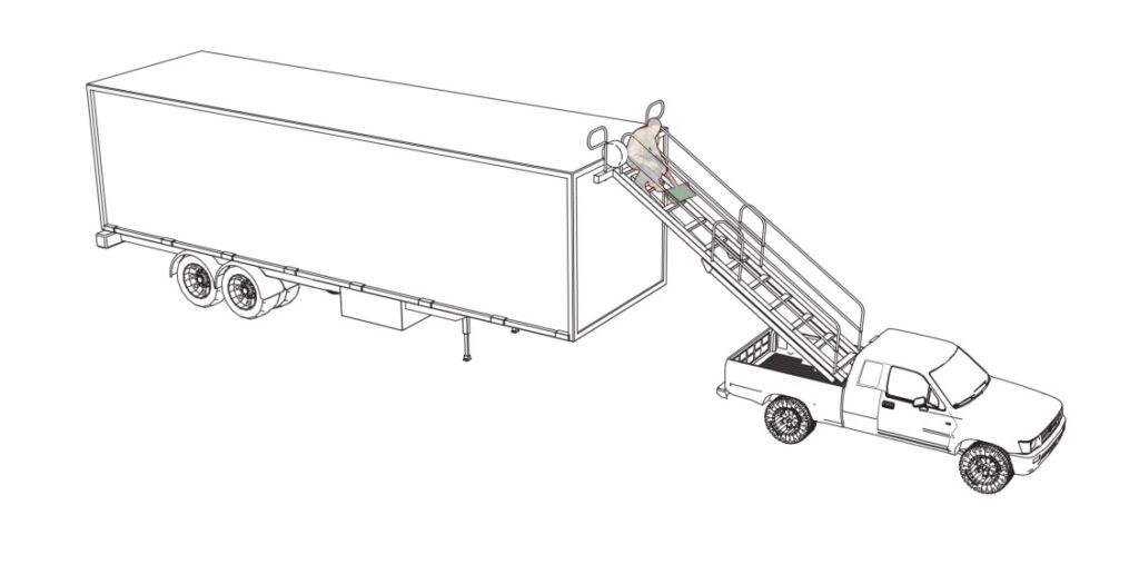 Dessin technique d’une échelle aérienne dans une boîte de pick-up qui permet d’accéder au toit d’une remorque