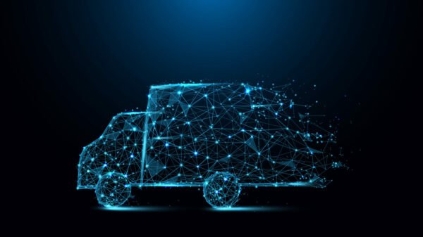 Fast delivery truck icon form lines and triangles, point connecting network on blue background. Illustration vector alternate text for this image