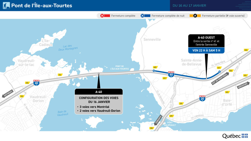 Carte des travaux au pont de l'Île-aux-Tourtes du 16 au 19 janvier 2026