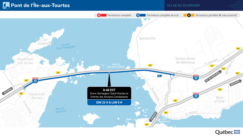 Carte des travaux au pont de l'Île-aux-Tourtes du 16 au 19 janvier 2026